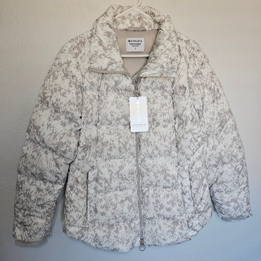 NWT Athleta Downtown Puffer Python Seasalt Print Down Jacket Womens Large